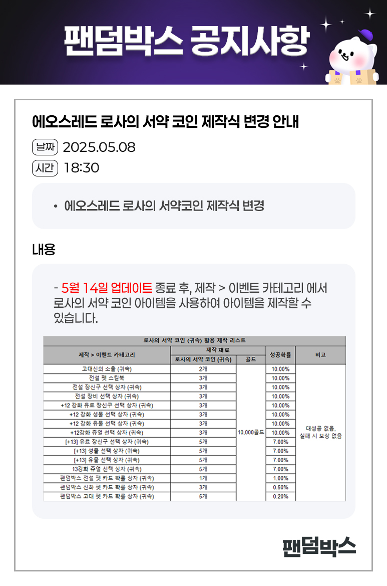 에오스레드 로사의 서약 코인 제작식 변경 안내